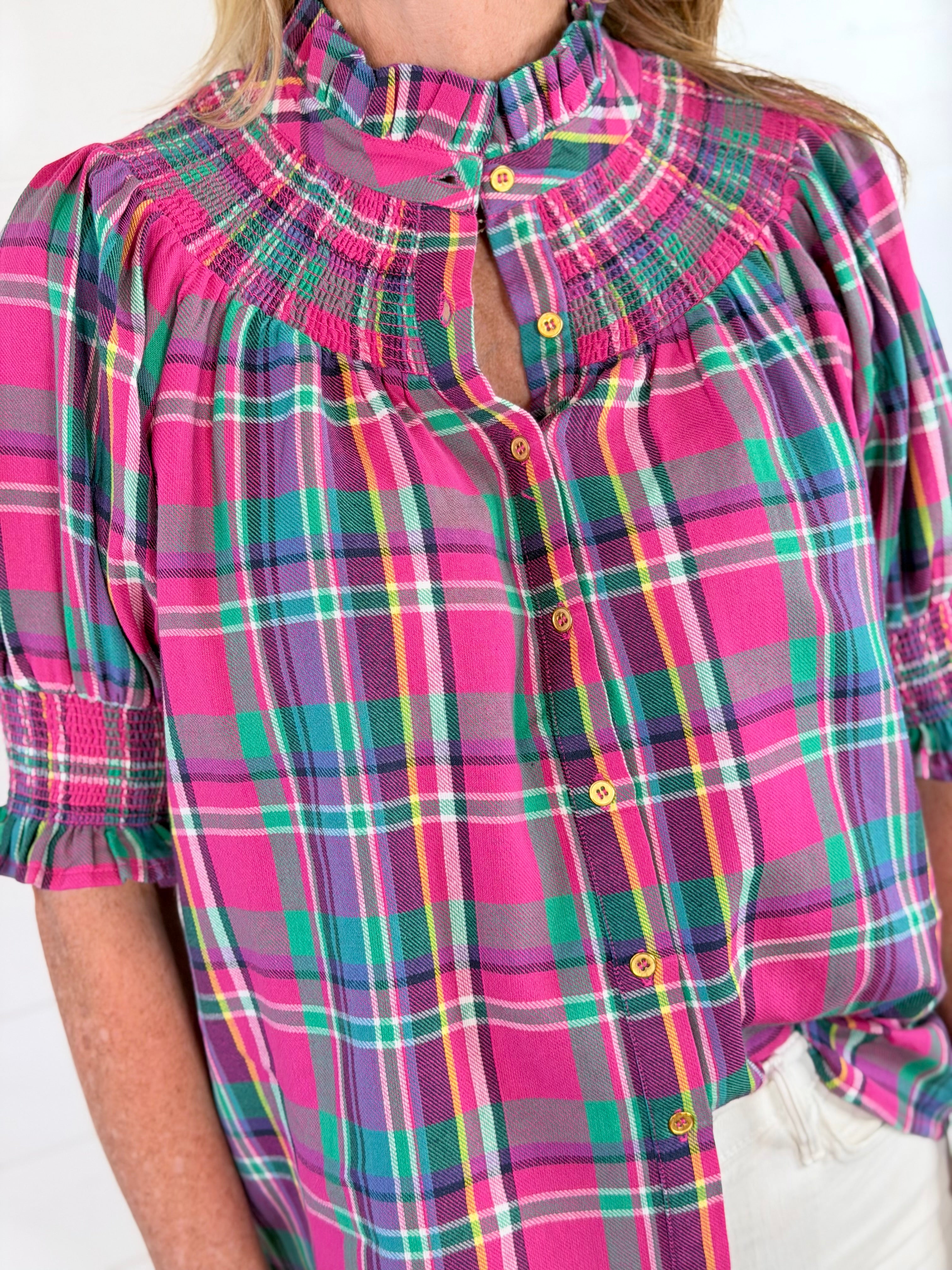 PLAID SMOCKED YOKE BLOUSE
