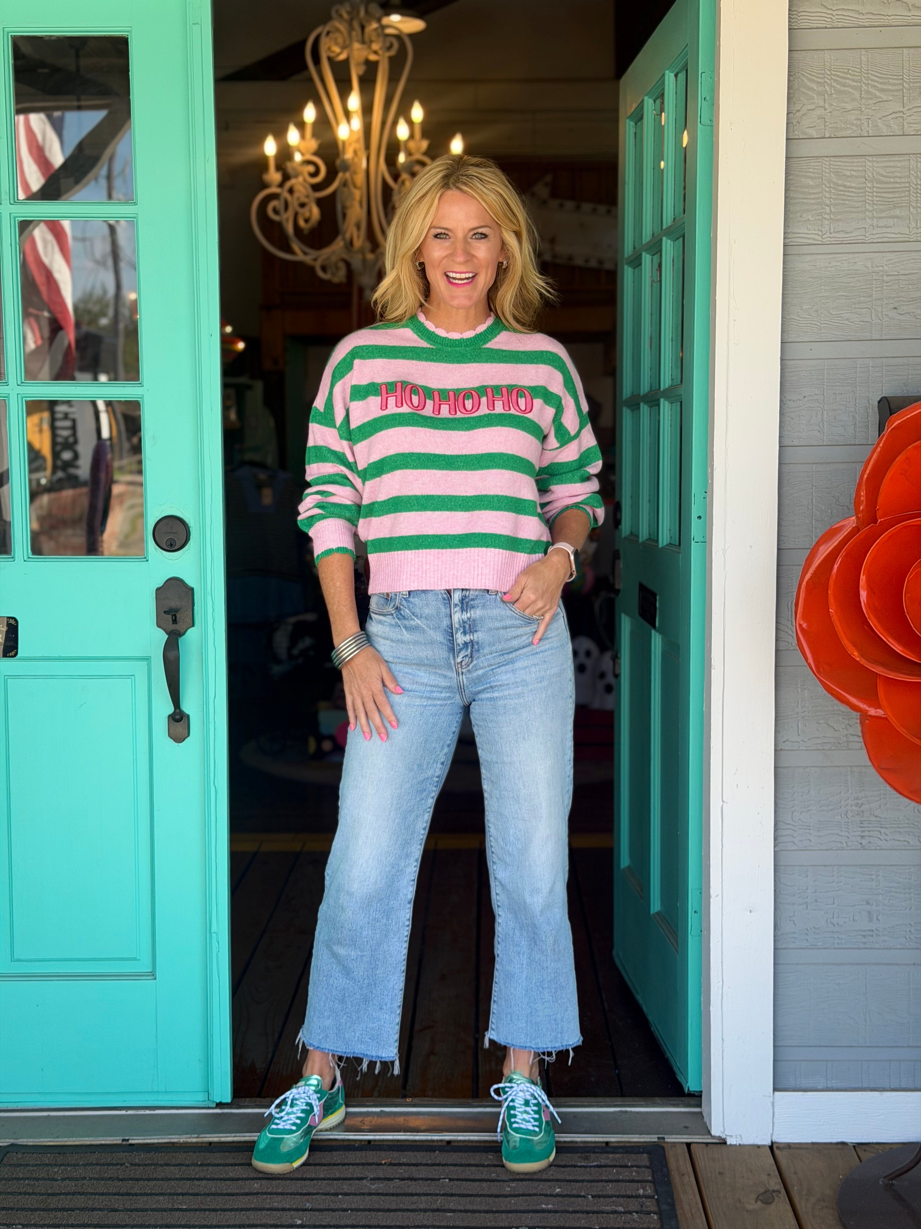 HO HO HO SCALLOPED TRIM SWEATER