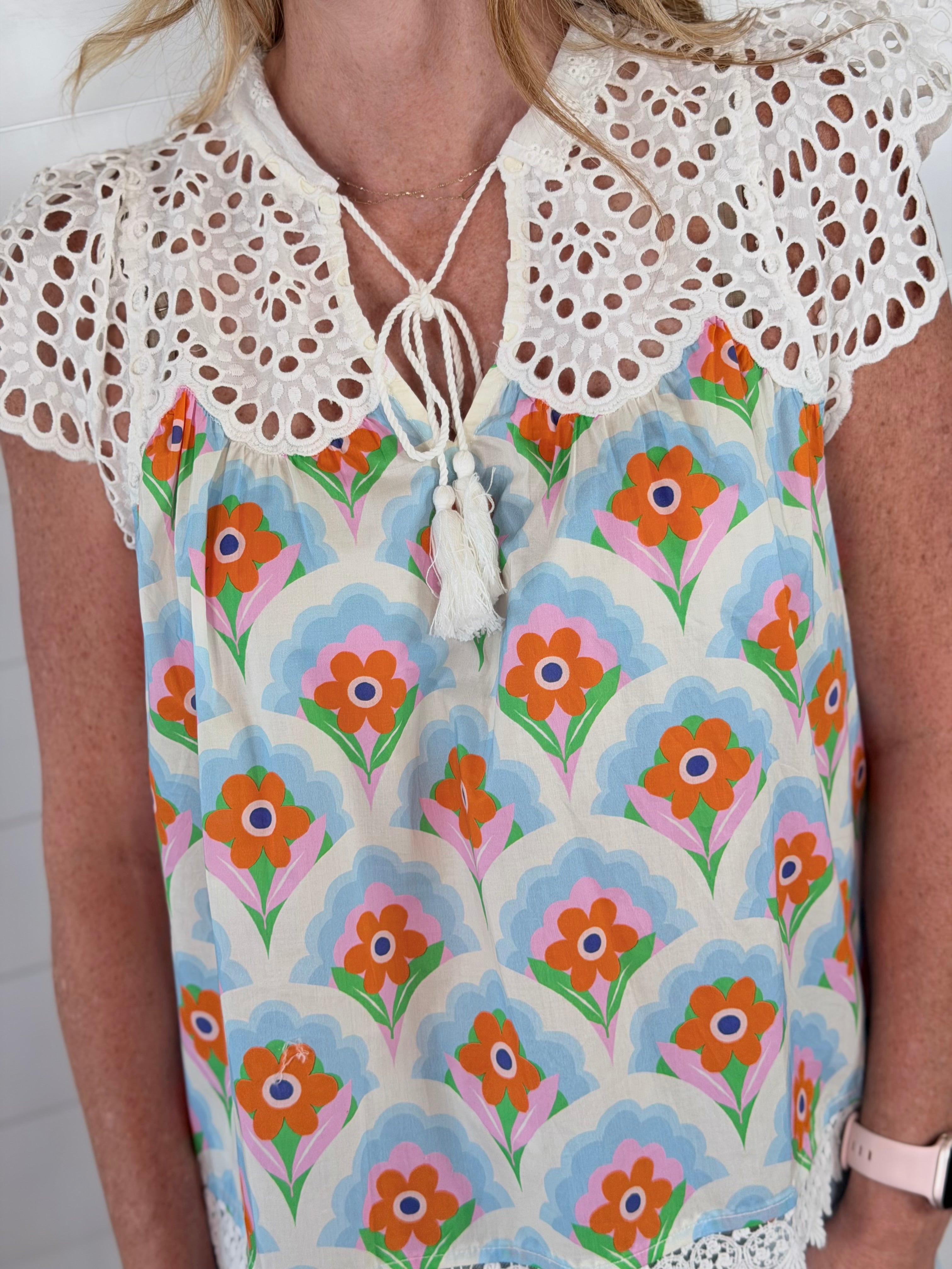 EYELET FLORAL TOP-BLUE