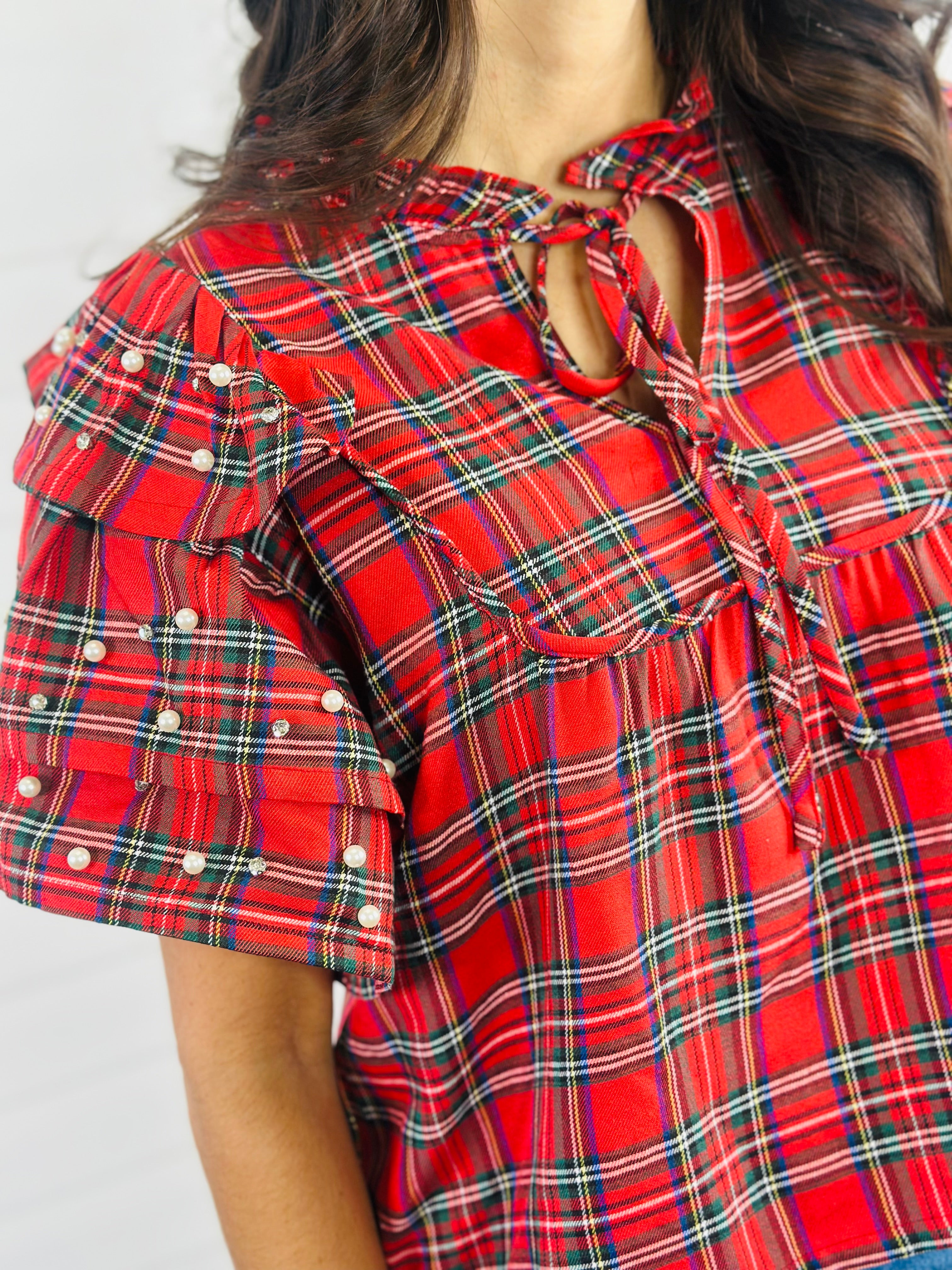 PLAID AND PEARLS TOP