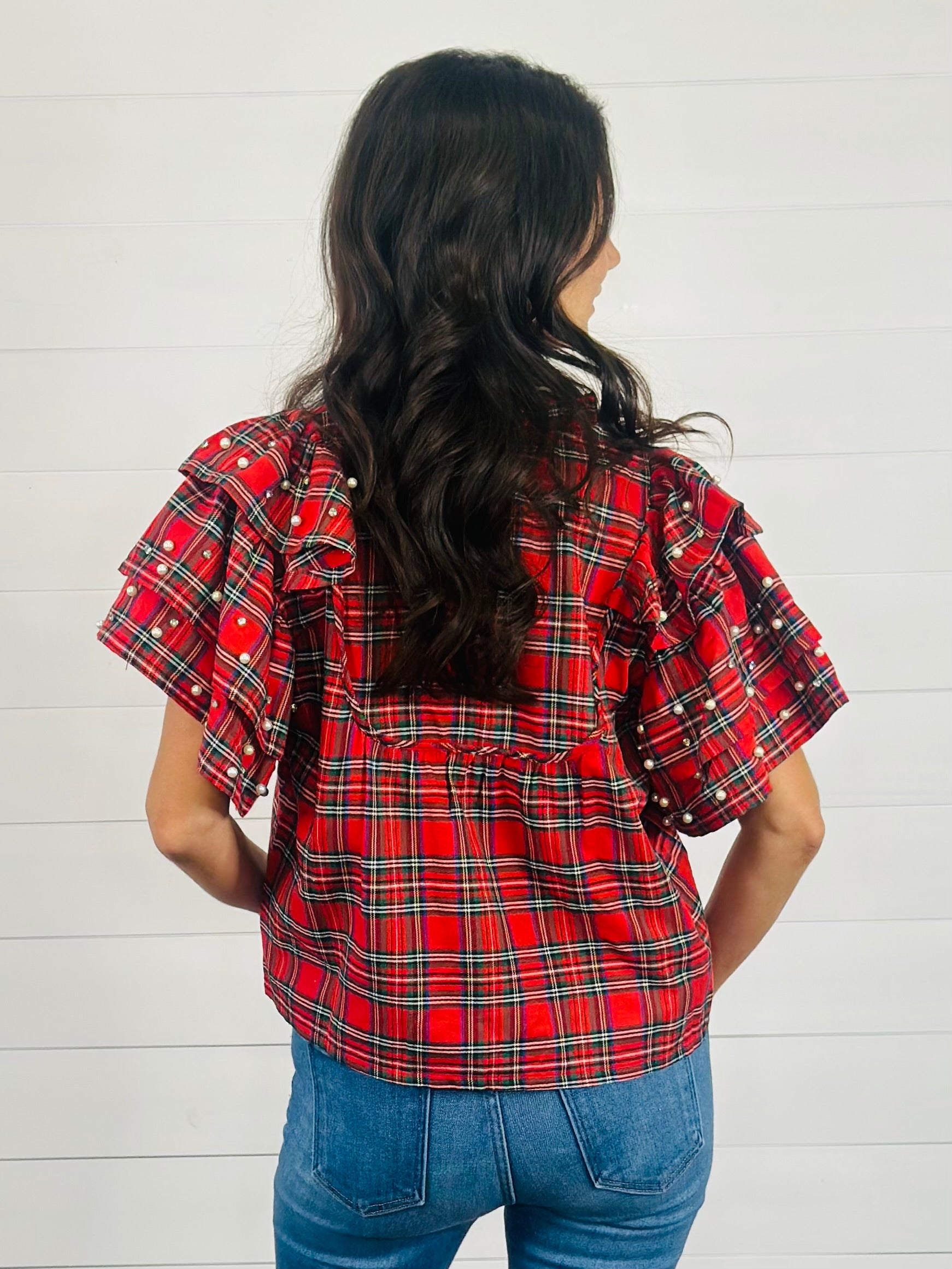 PLAID AND PEARLS TOP