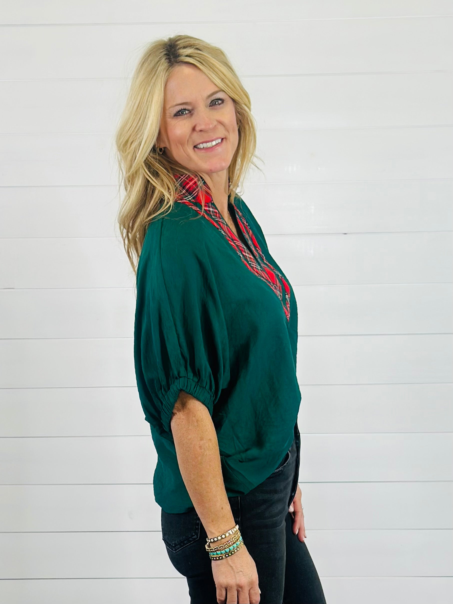 PRISTINE PLAID TOP-GREEN