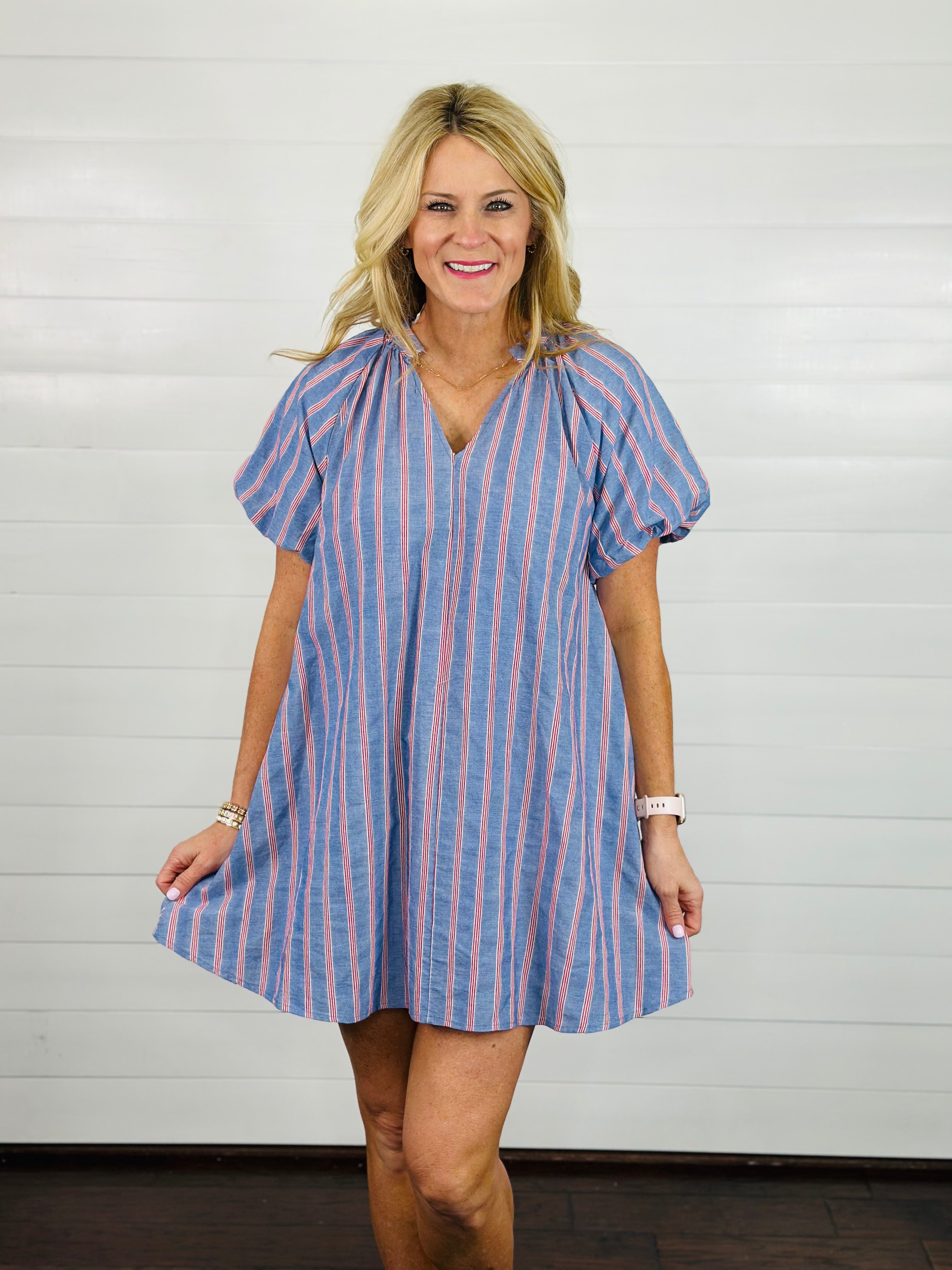 RED RIBBON CHAMBRAY DRESS