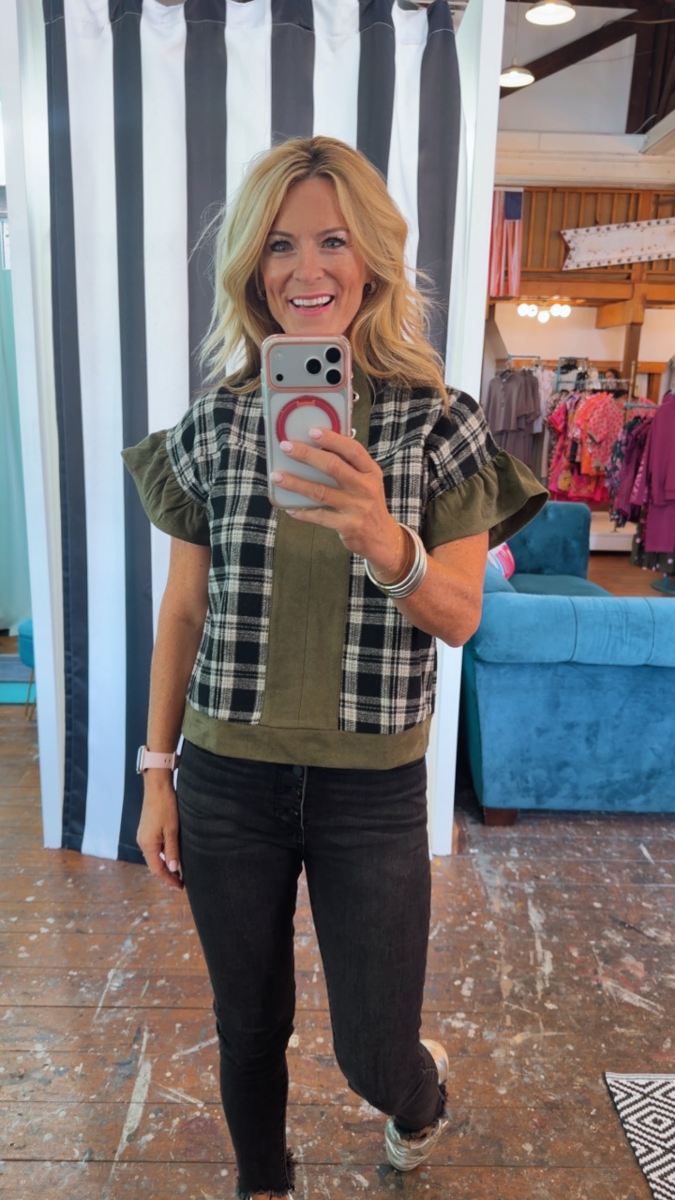 PERI PLAID TOP-OLIVE