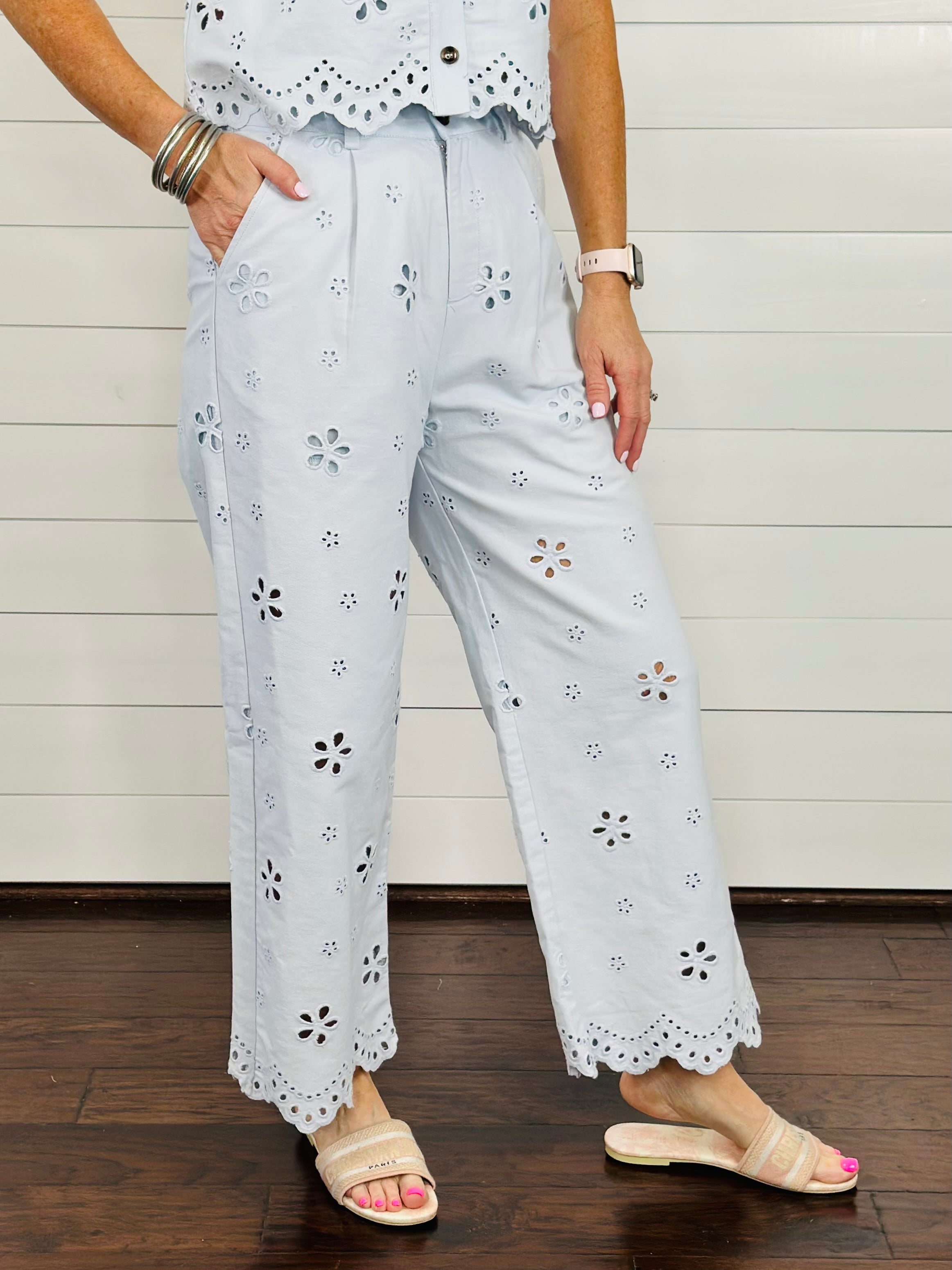 EYE CATCHING EYELET PANTS