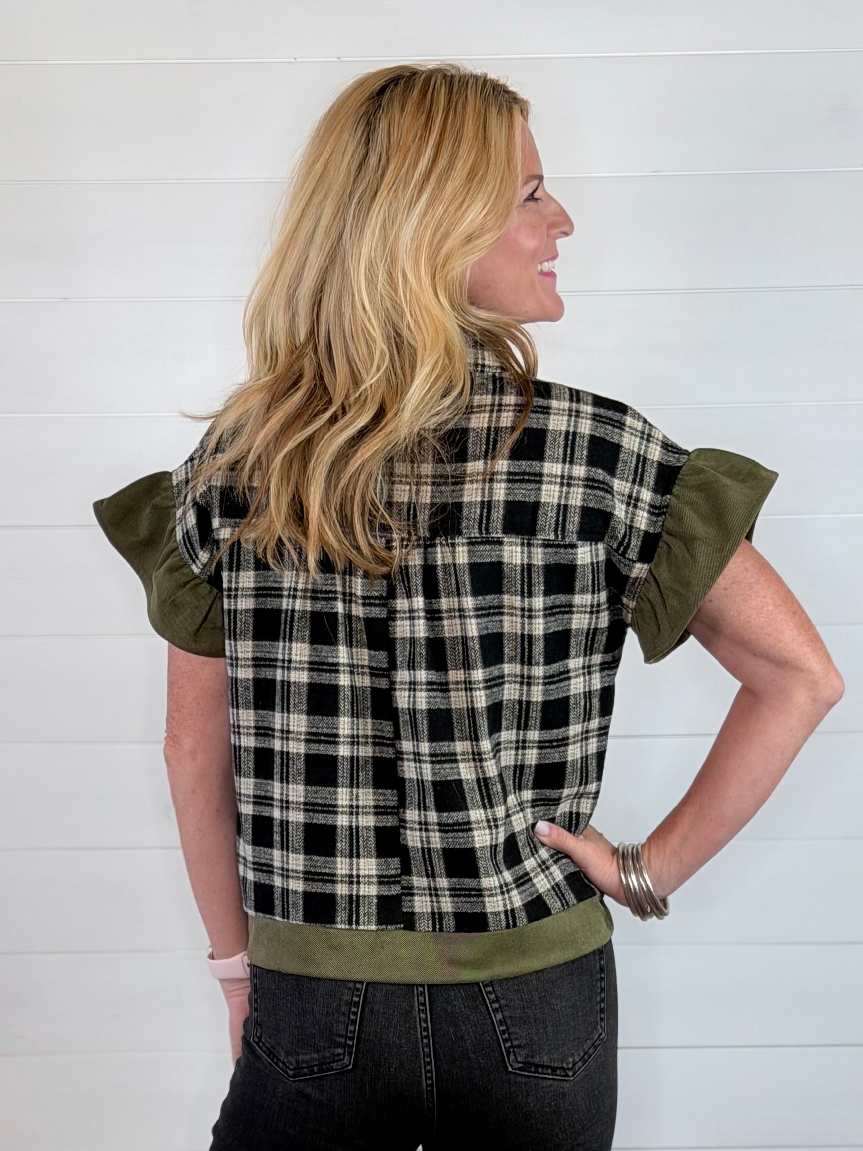 PERI PLAID TOP-OLIVE