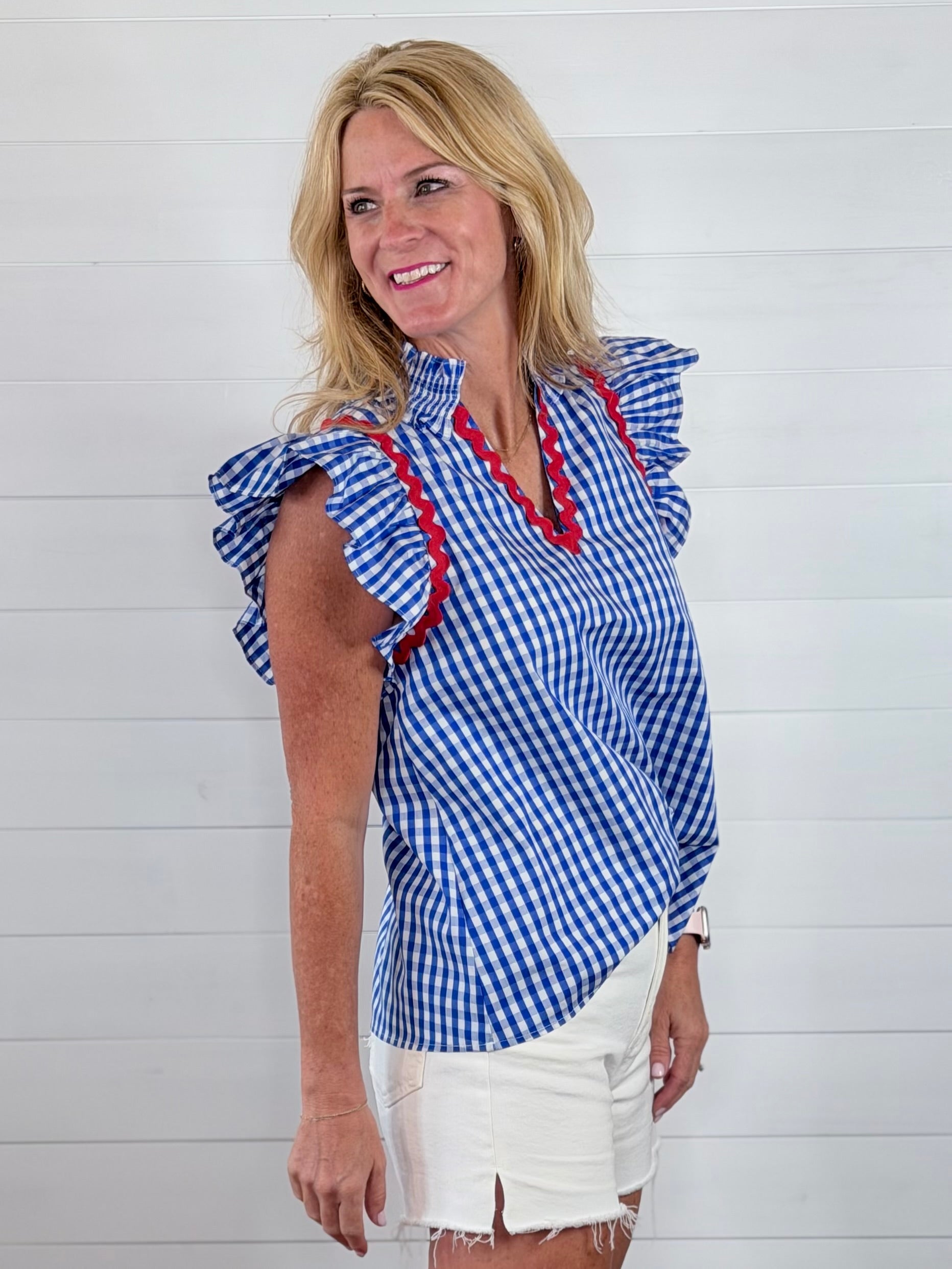 HOLLY GINGHAM TOP-BLUE