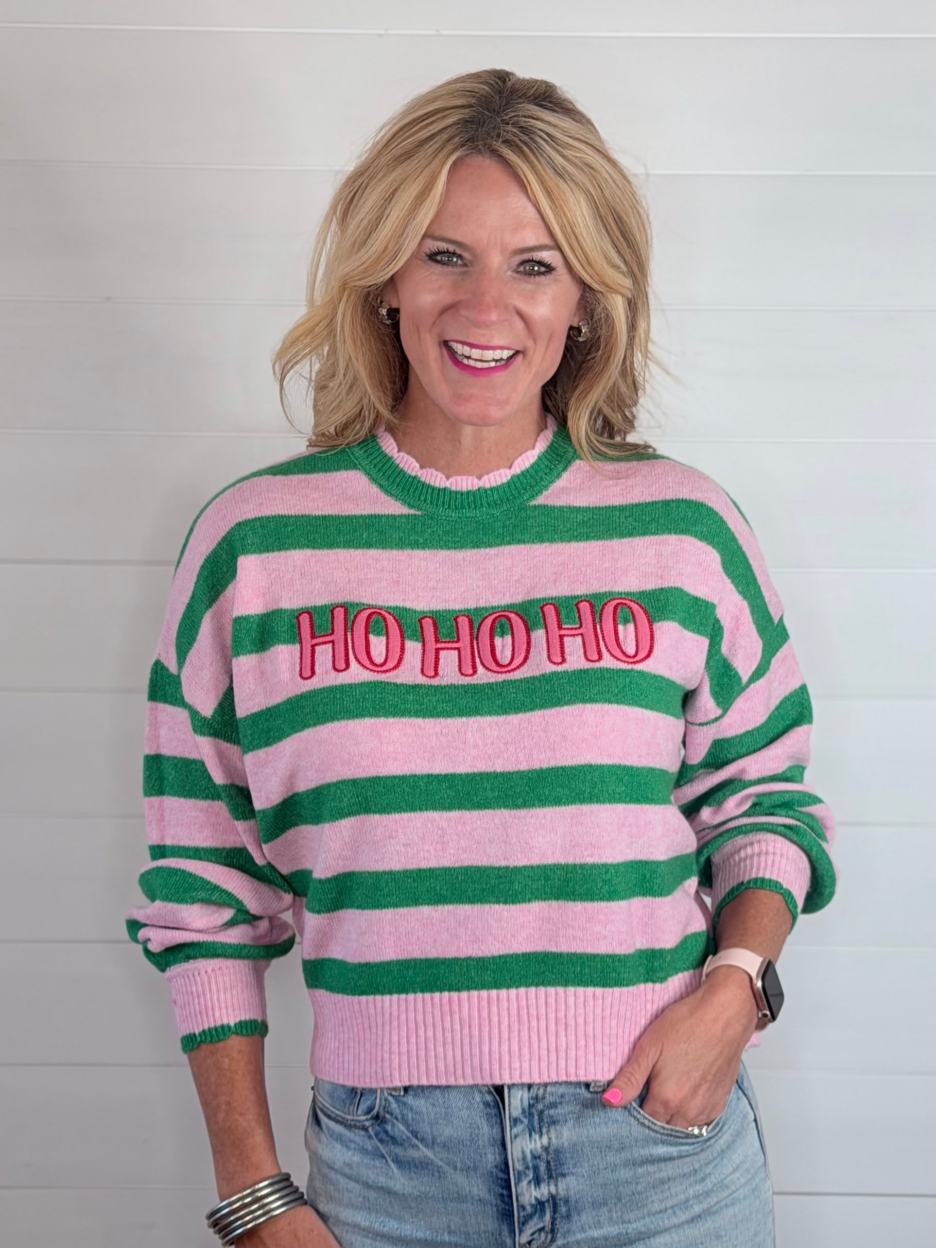 HO HO HO SCALLOPED TRIM SWEATER