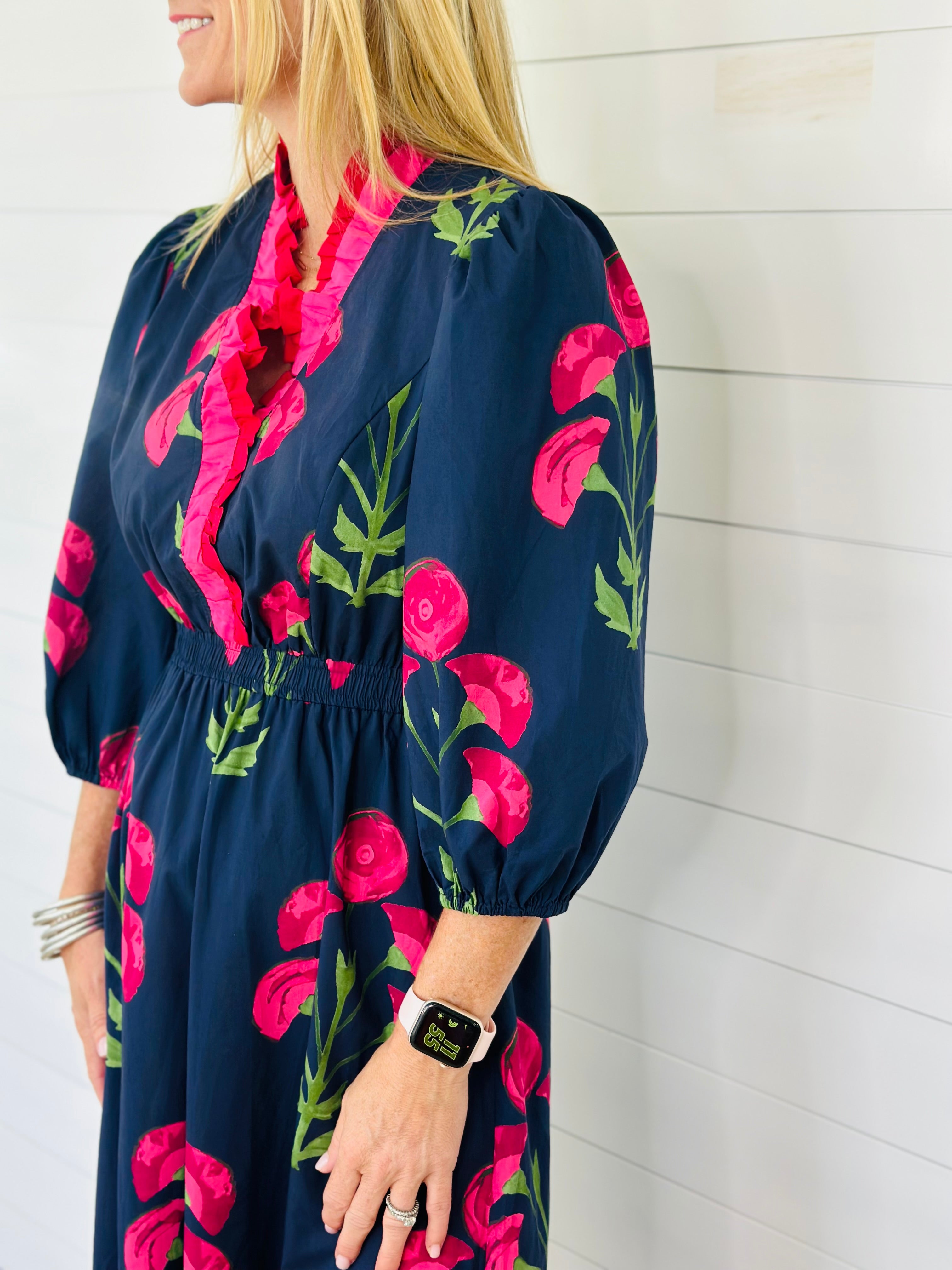 EVENING POPPIES DRESS-NAVY