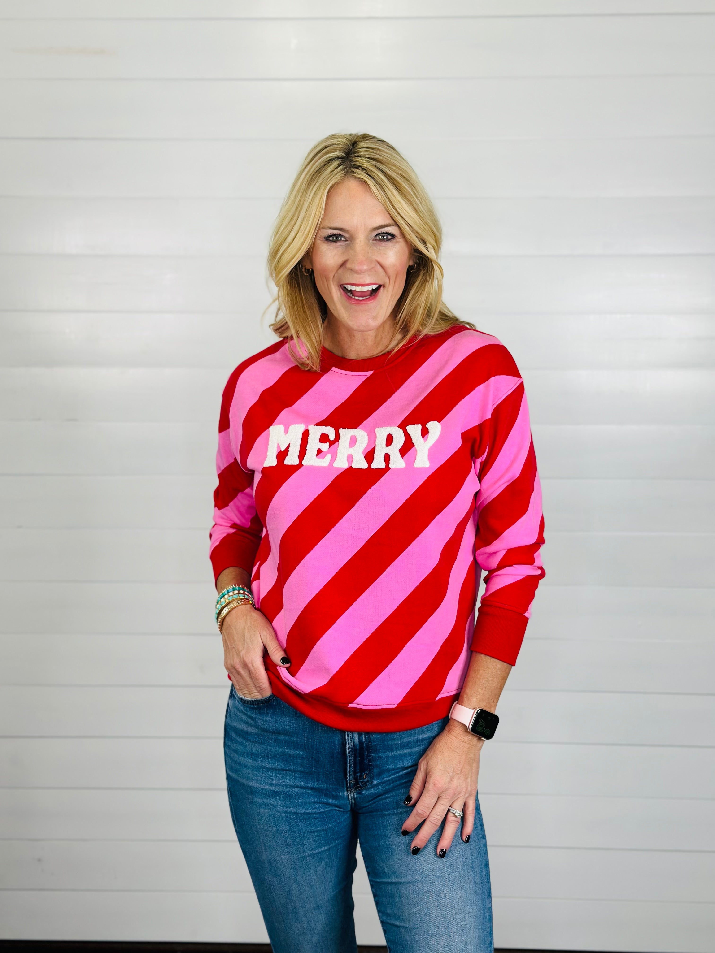 MERRY DIAGONAL STRIPED TOP-RED