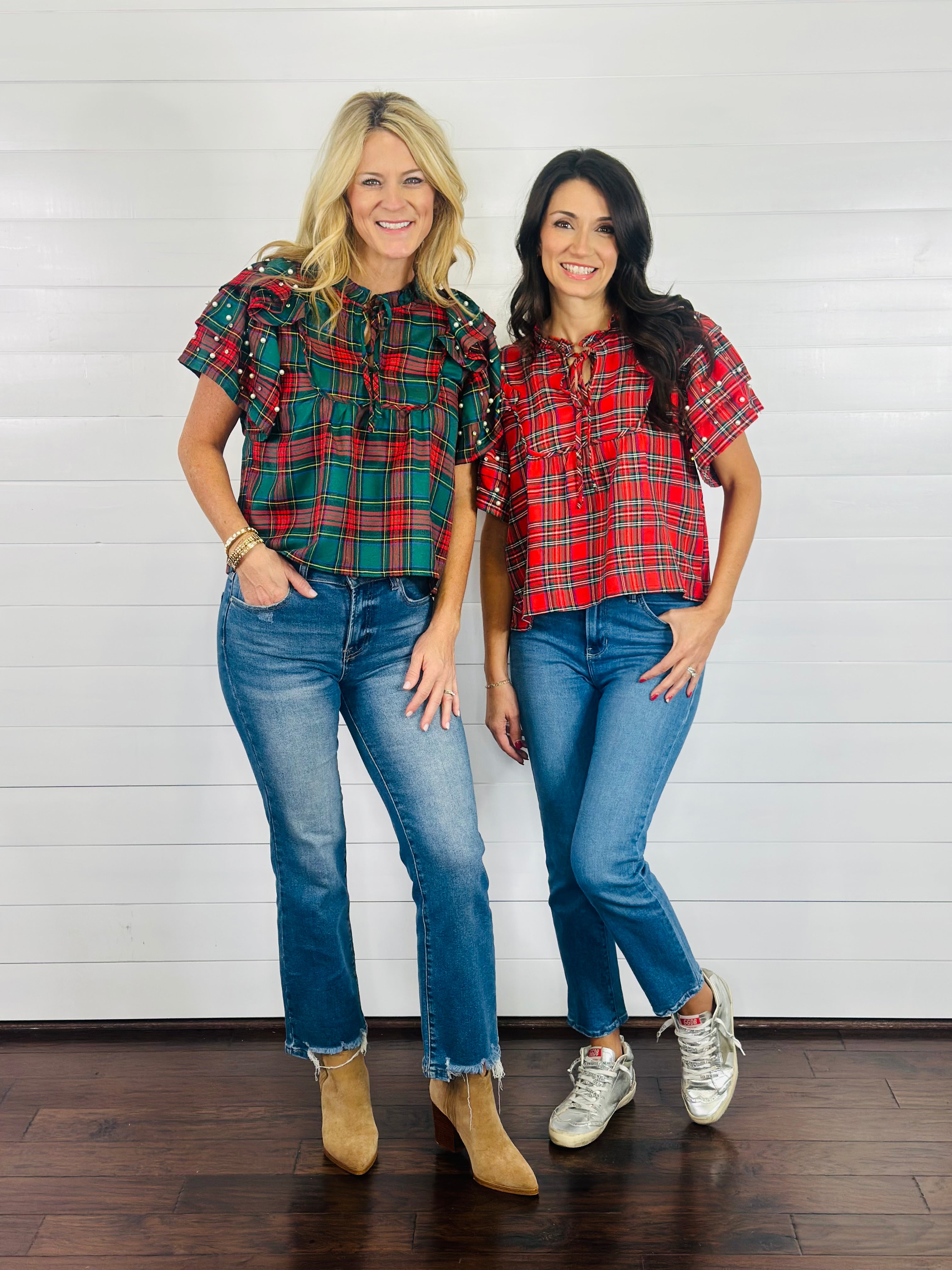 PLAID AND PEARLS TOP