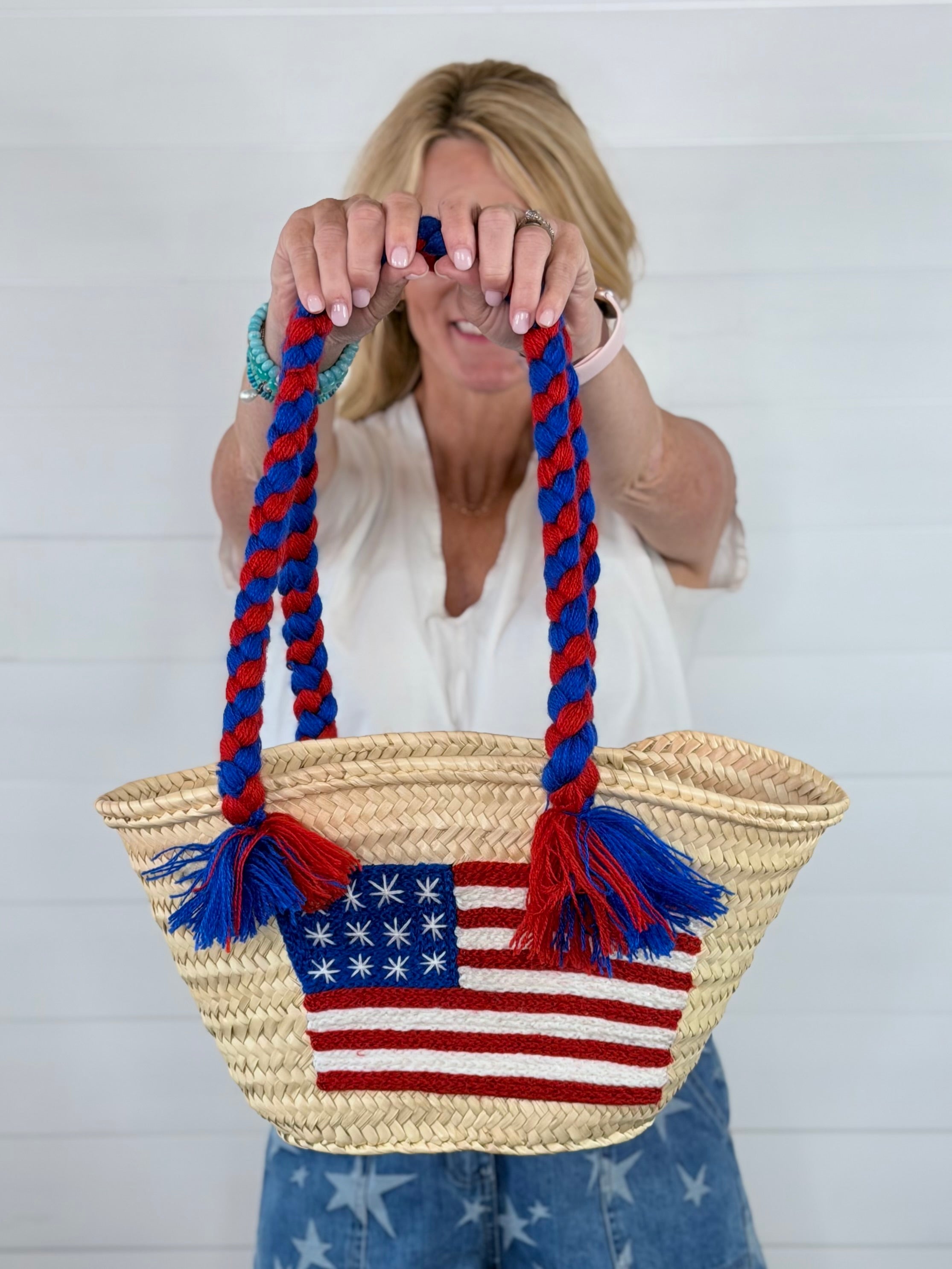 SMALL USA STRAW TOTE-LONG HANDLE