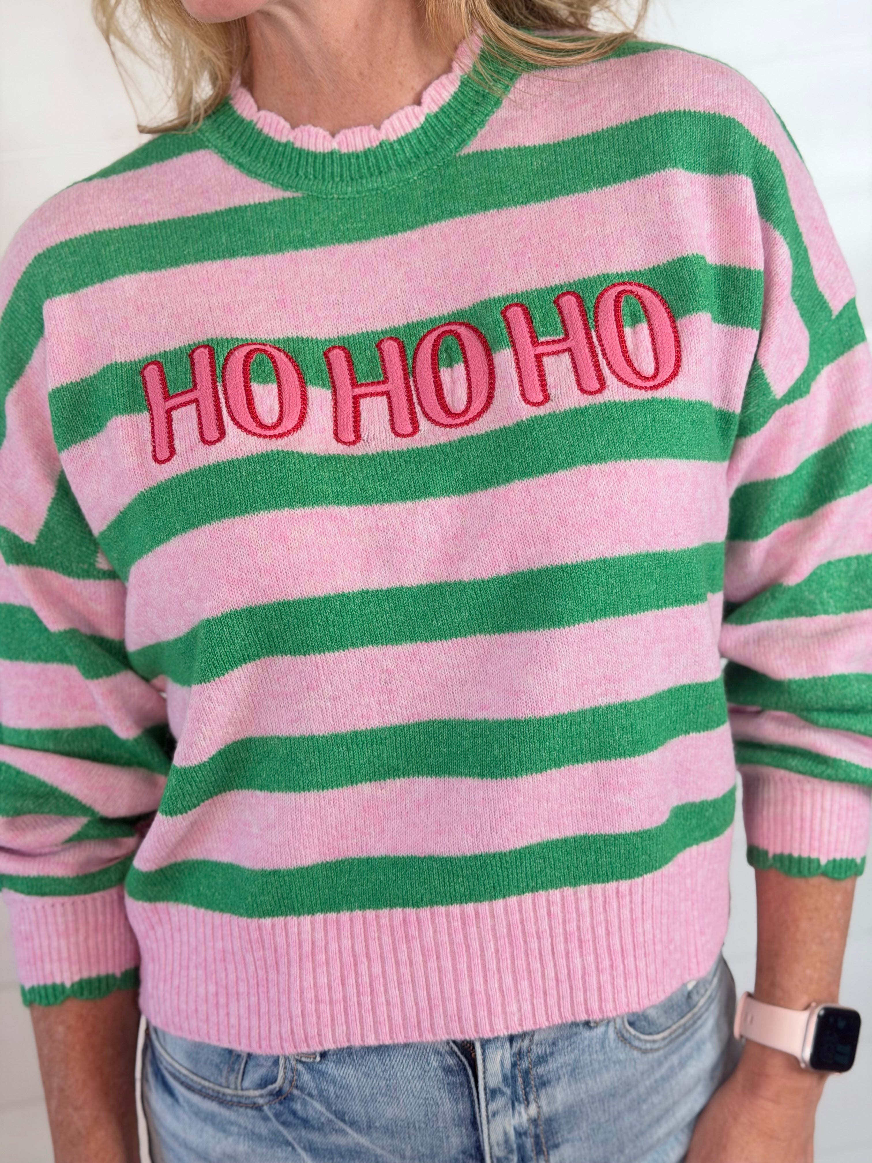 HO HO HO SCALLOPED TRIM SWEATER