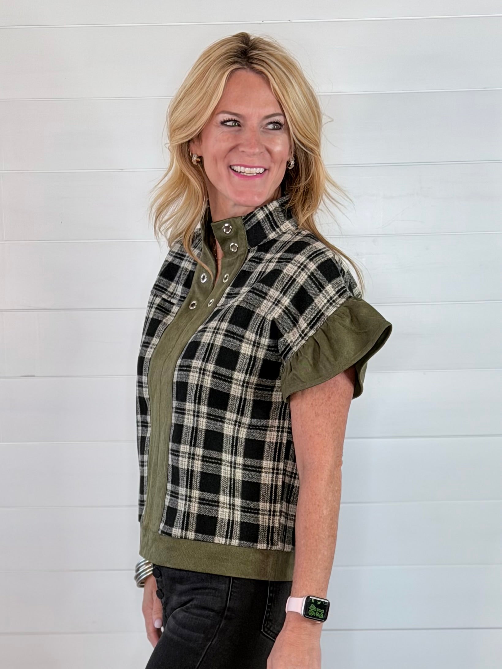 PERI PLAID TOP-OLIVE