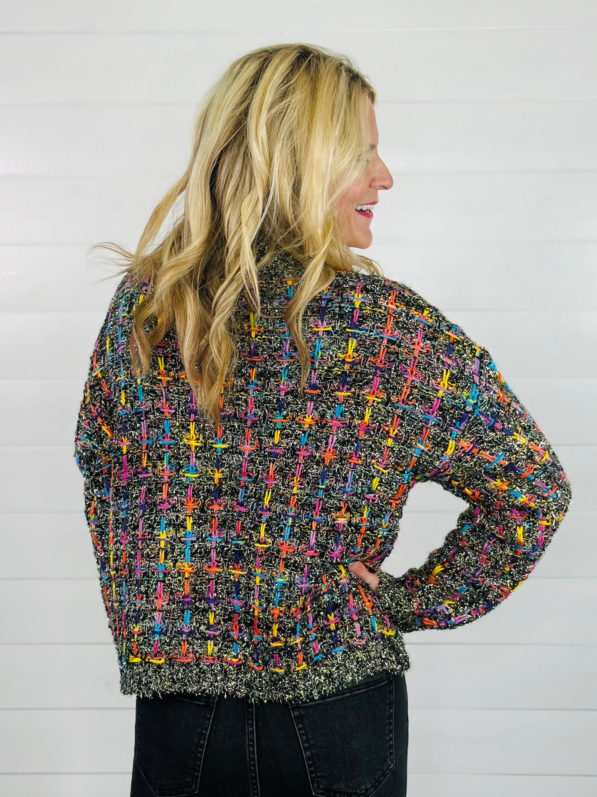 TINSEL TWEED SWEATER TOP-BLACK MULTI