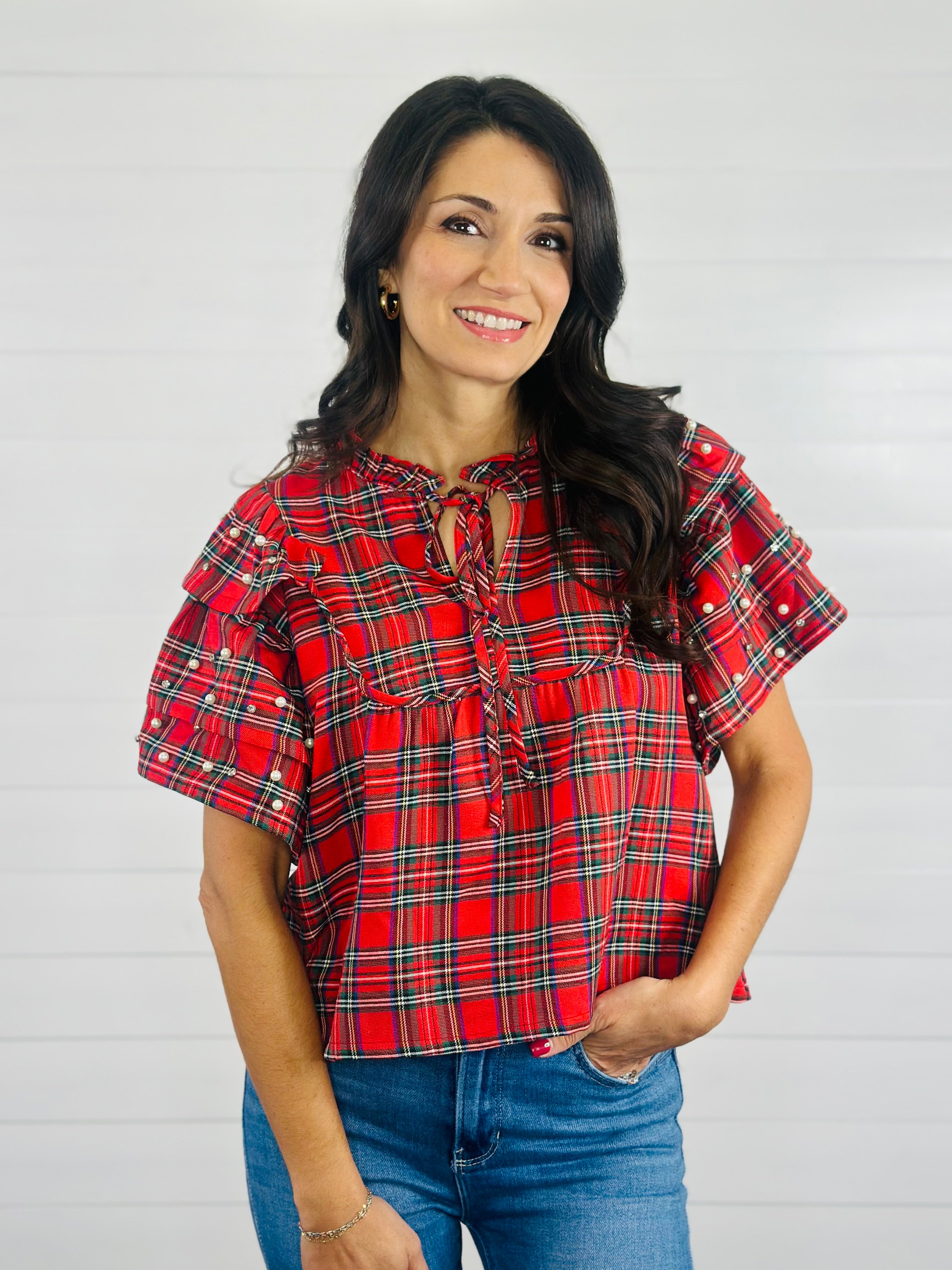 PLAID AND PEARLS TOP