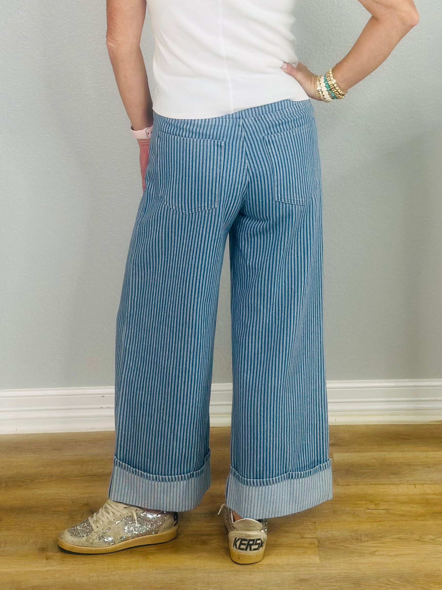 STRIPED AND CUFFED PANT-LT BLUE