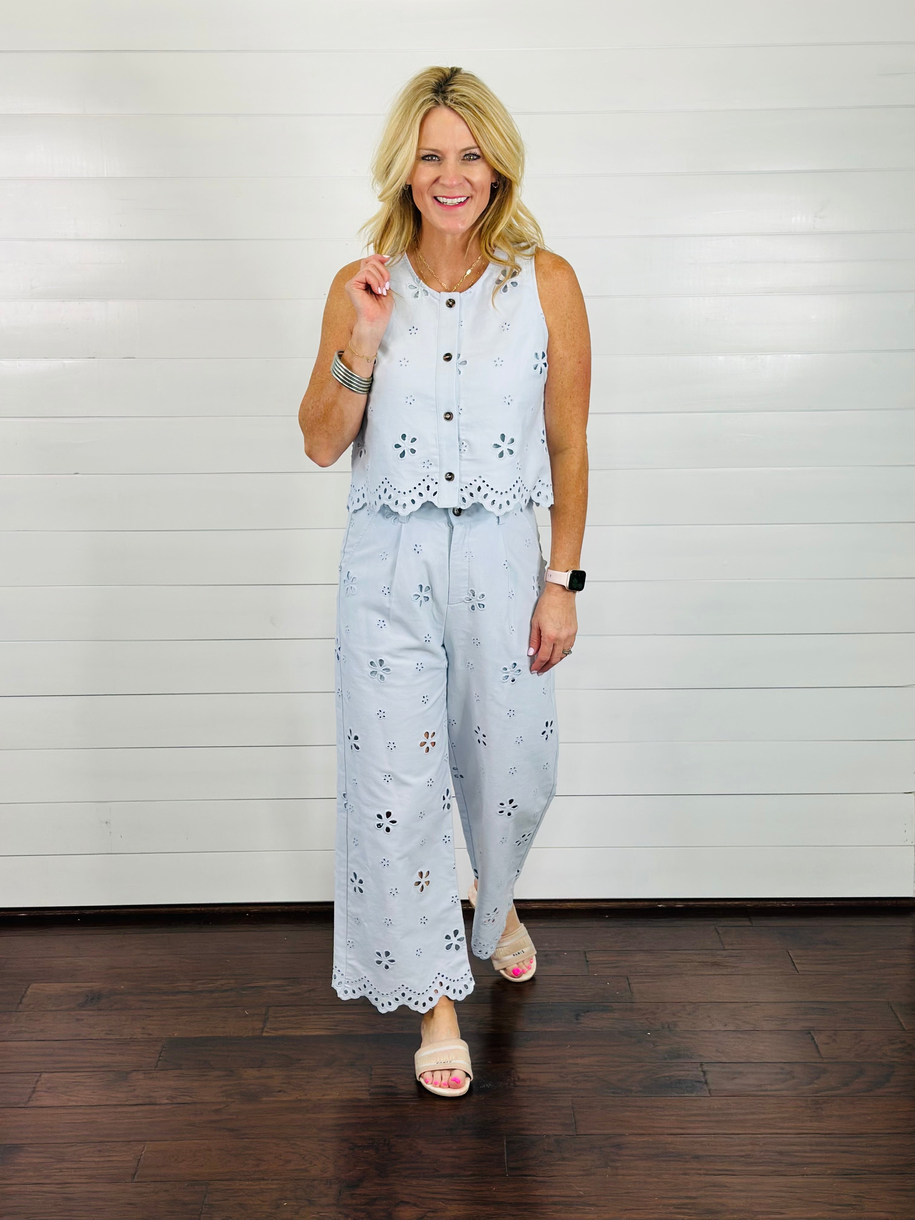 EYE CATCHING EYELET PANTS