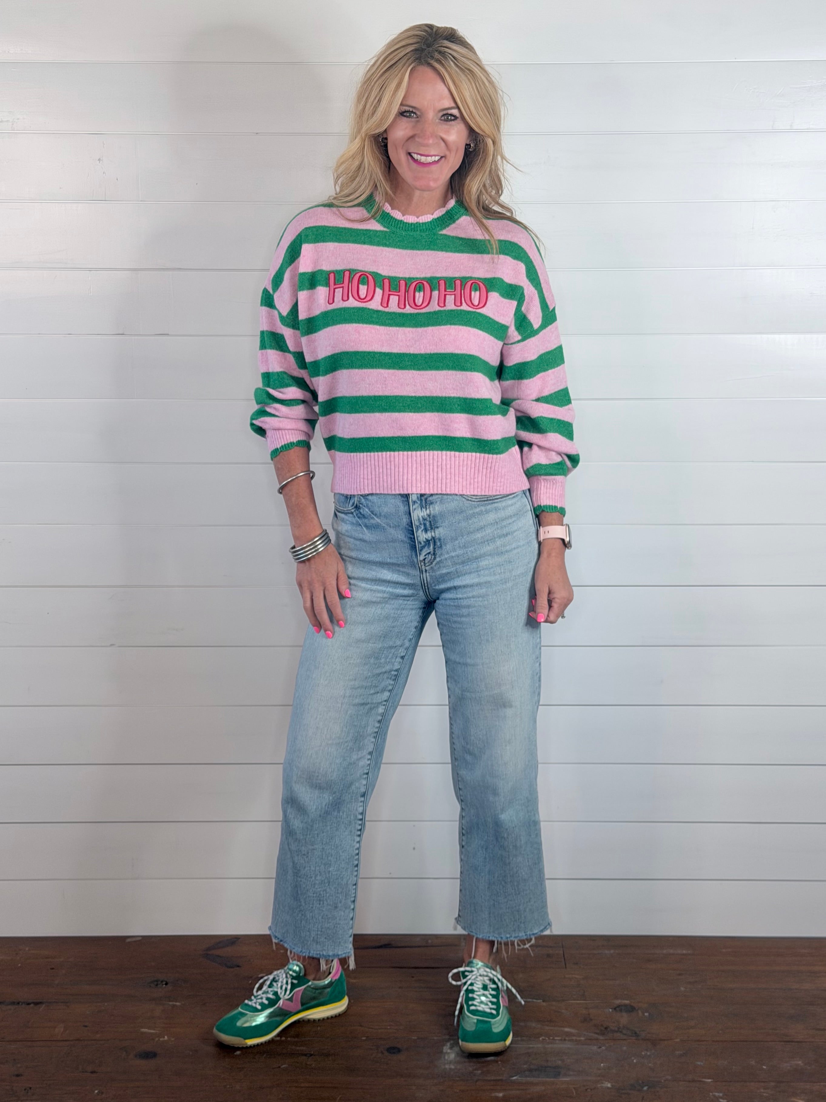 HO HO HO SCALLOPED TRIM SWEATER