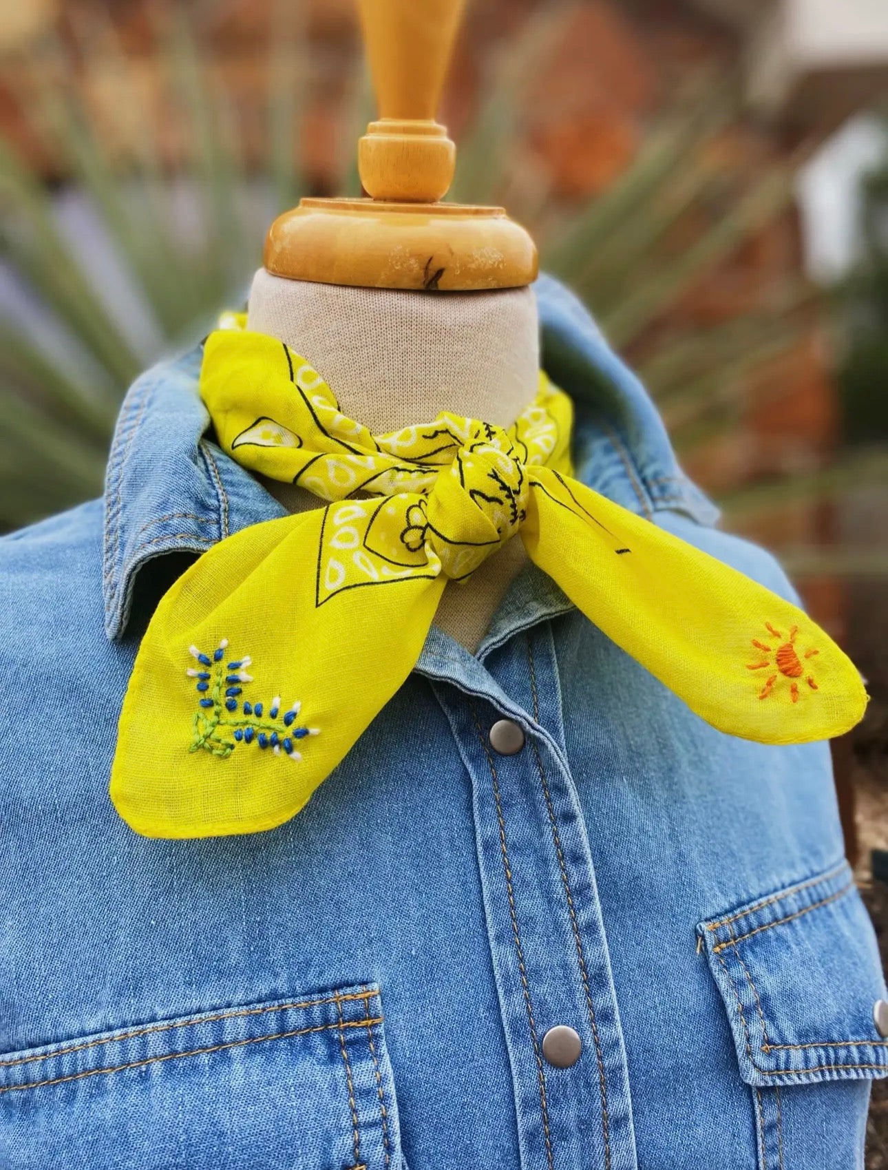 EMBROIDERED TEXAS BLUEBONNET BANDANA-YELLOW