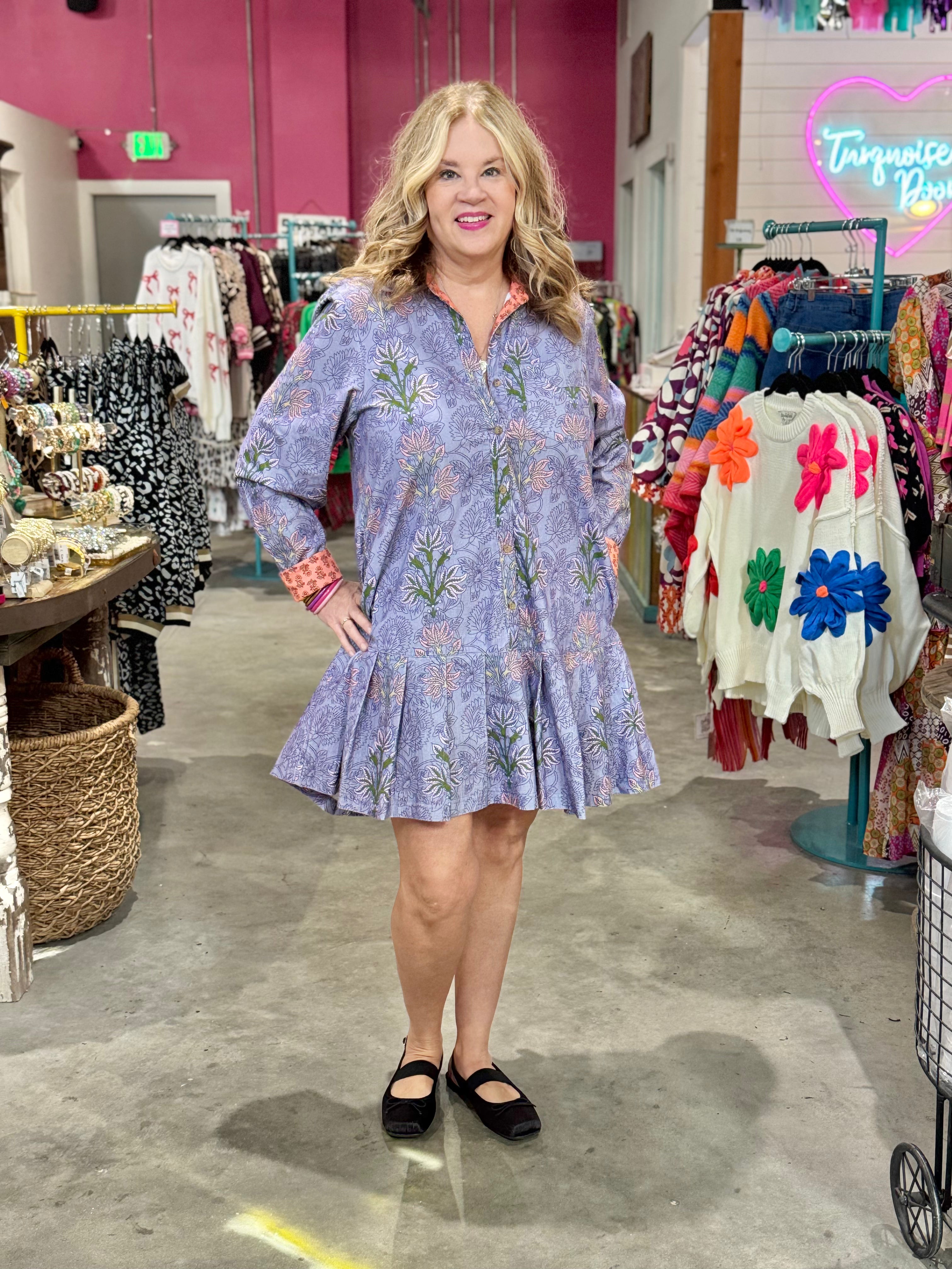 DROP WAIST PLEATED DRESS