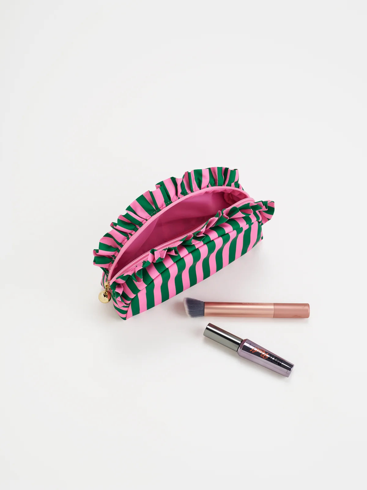 STRIPE RUFFLE ZIP POUCH-SMALL GREEN