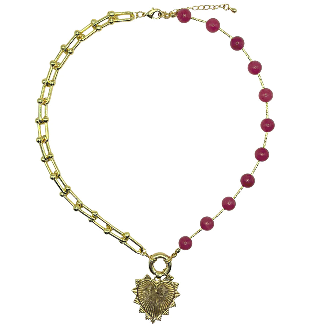 INTRICATE HEART CHARM NECKLACE-RASPBERRY