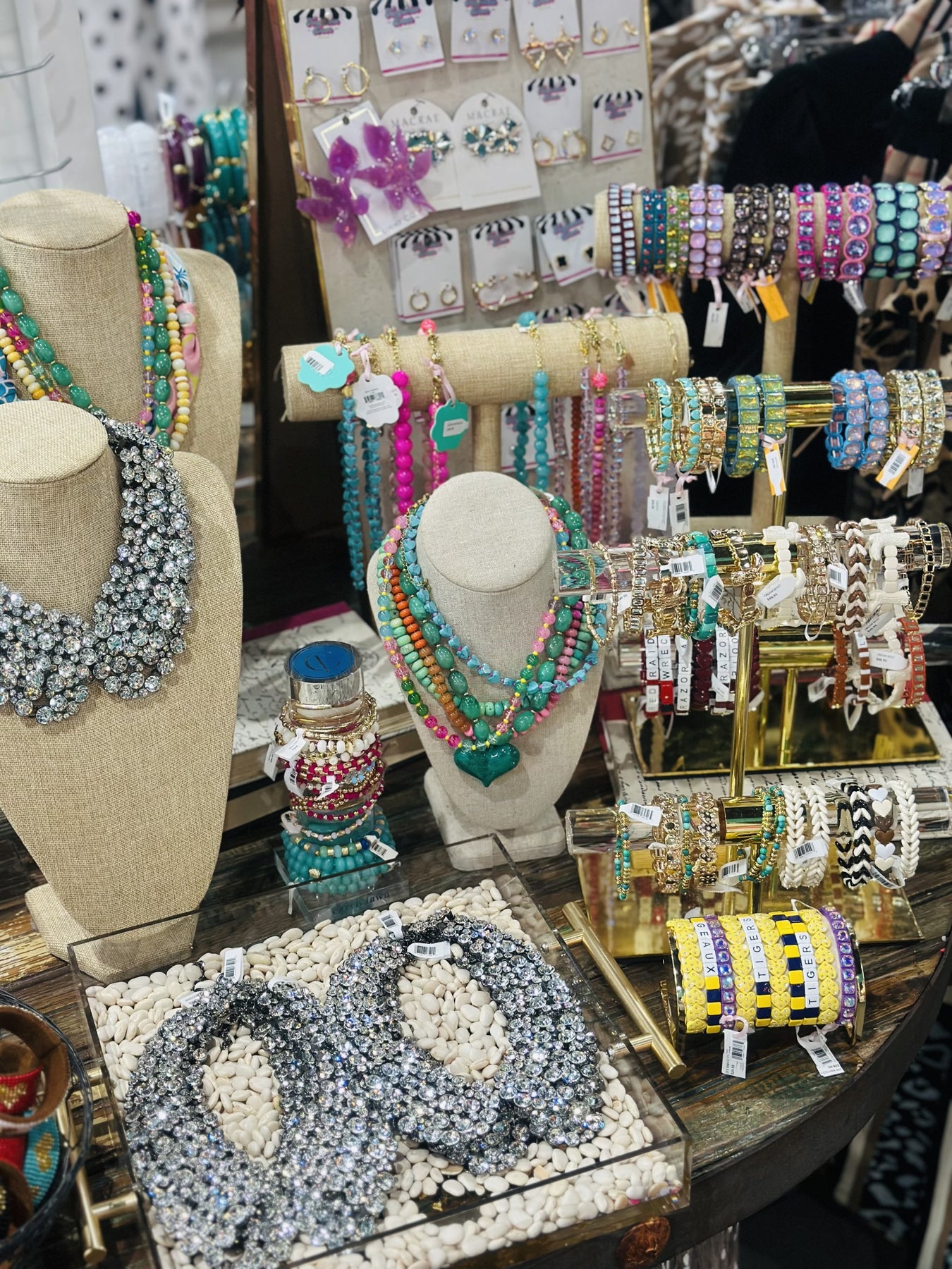 necklaces, rhinestone bracelets, earrings