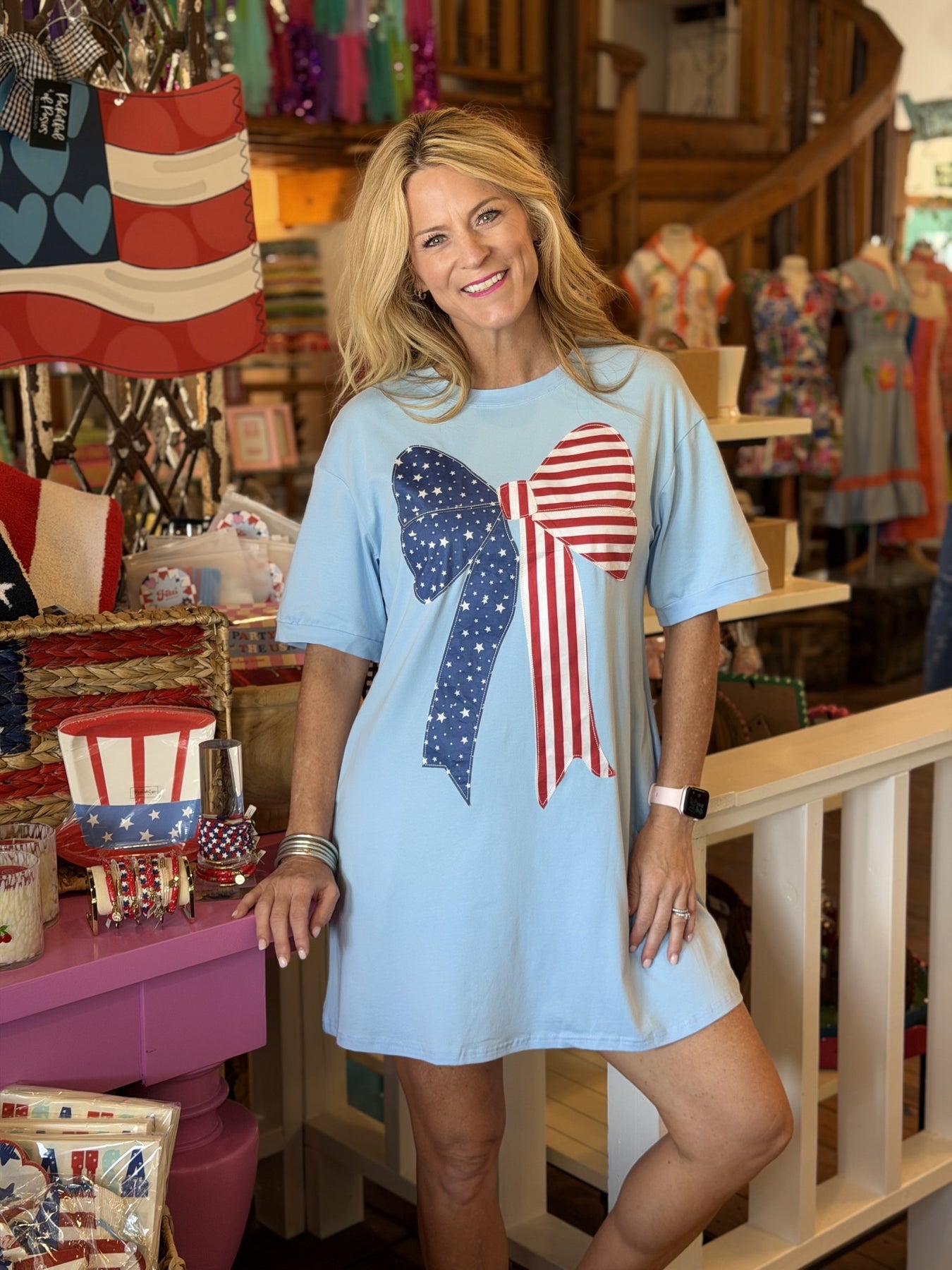 tshirt dress with red, white, blue bow