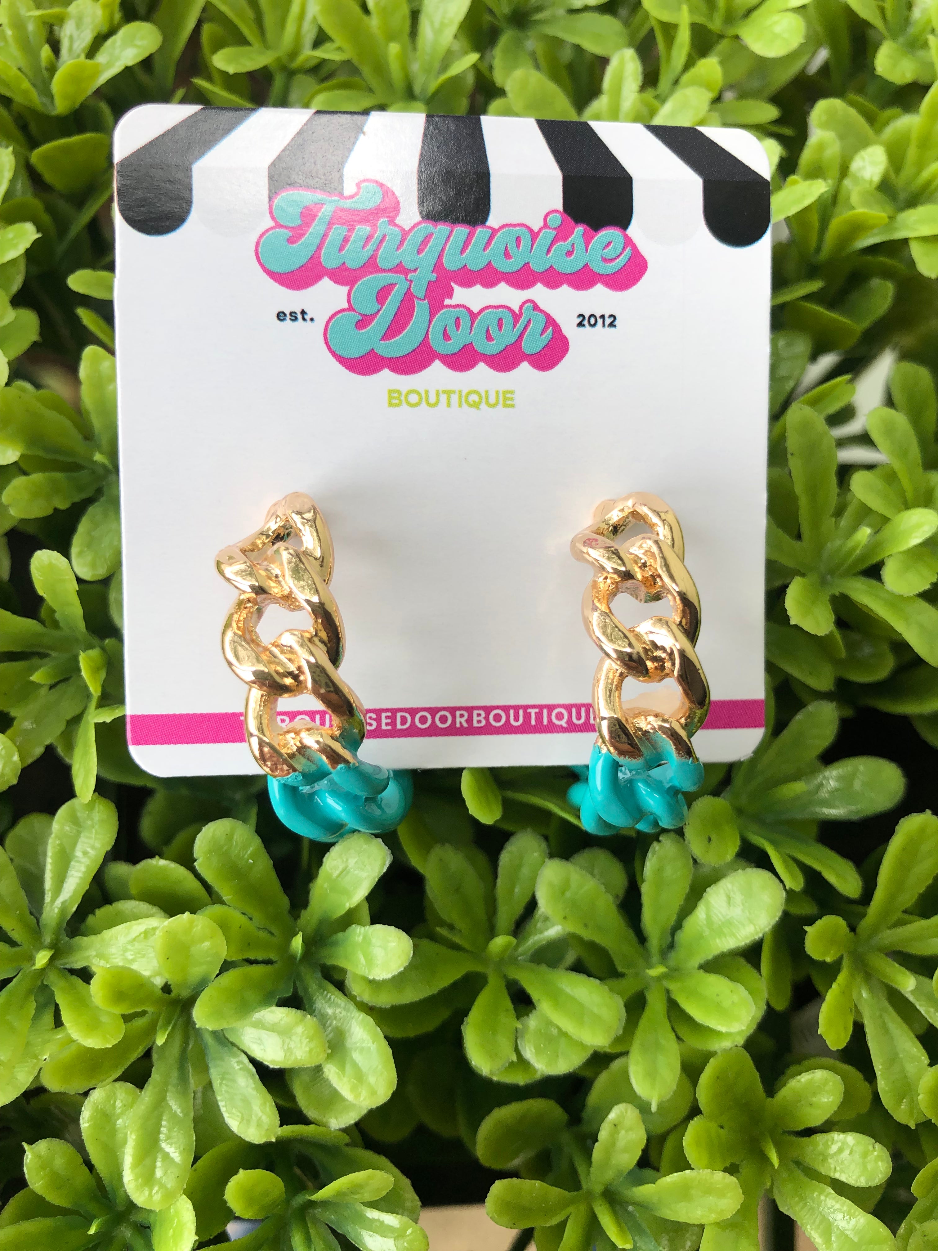 TURQUOISE/GOLD CHAIN HOOPS